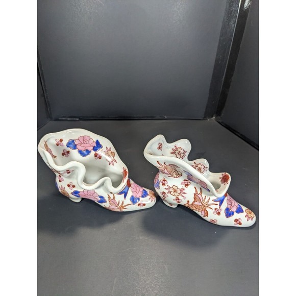 Vtg Set of 2 Porcelain Blue Pink Ruffle Victorian Style Shoe Boot Vase Planter - Picture 2 of 9